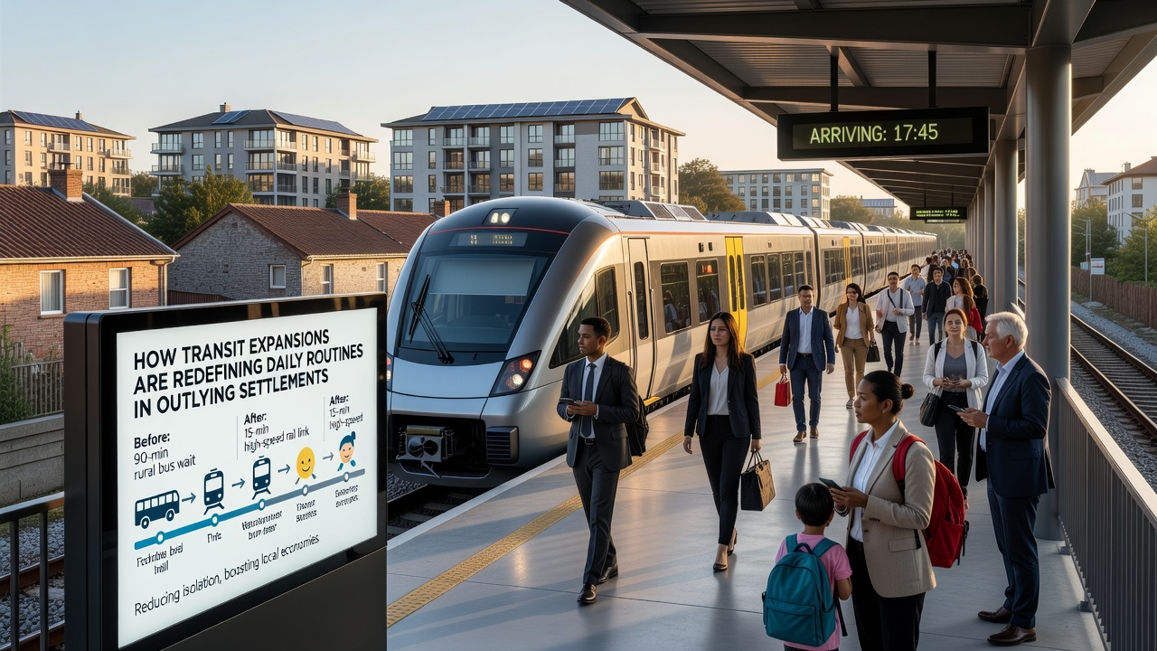 Commuters at a suburban transit station during morning rush hour with modern trains and clear signage